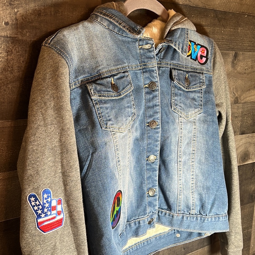 Vigoss Jean/Sweatshirt Patched Hooded Jacket - Picture 2 of 8